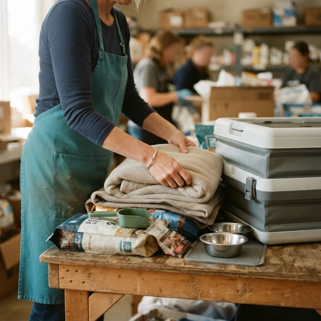 A volunteer preparing crates, pet food and blankets for an emergency placement.
