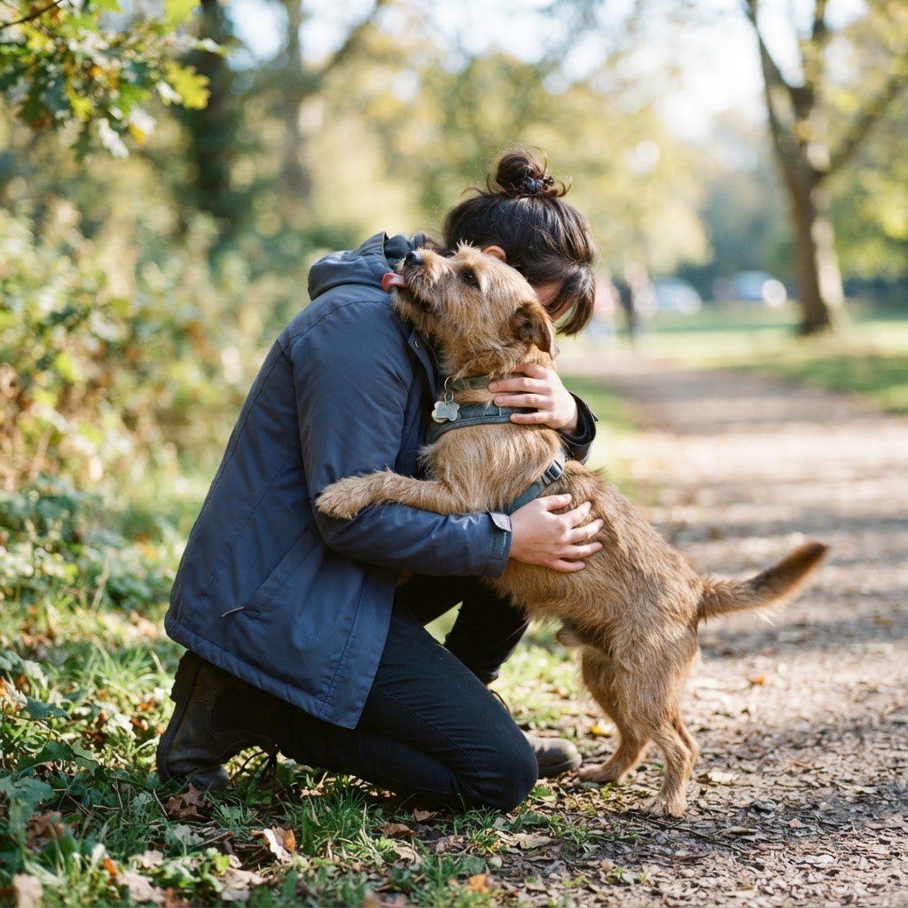 A person joyfully reunited with their rescue dog in a bright, safe outdoor setting.